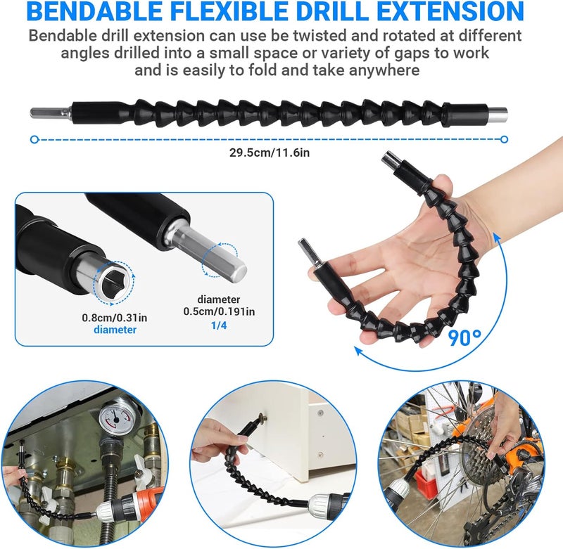 Grednfhat 24pcs Flexible Drill Bit Extension Set, 105°Right Angle Drill Attachmen, Rotatable Joint Socket 1/4 3/8 1/2 Inch Hex Socket Adapter Socket Screwdriver with a Box (Black) - Image 2